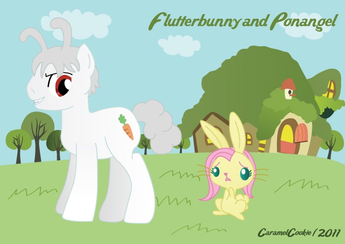 Size: 700x495 | Tagged: angel bunny, angel is a bunny bastard, artist:caramelcookie, bunnified, bunnyshy, derpibooru import, fluttershy, hilarious in hindsight, ponified, ponified pony pets, rabbit, role reversal, safe, species swap, this will end in tears