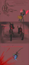 Size: 1282x2884 | Tagged: apple bloom, artist:voids-edge, bad end, blood, bone, death, derpibooru import, everfree forest, grimdark, offscreen character, red background, red eyes, simple background, skeleton, skeleton pony, story of the blanks, undead, zecora, zecora's hut, zombie