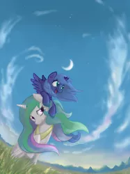 Size: 823x1100 | Tagged: safe, artist:onkelscrut, derpibooru import, princess celestia, princess luna, alicorn, pony, amazed, crescent moon, duo, evening, female, filly, grass, moon, mountain, open mouth, outdoors, ponies riding ponies, pony hat, raised hoof, riding, royal sisters, s1 luna, siblings, sisters, sky, smiling, spread wings, steppe, vertigo, windswept mane, wings, woona