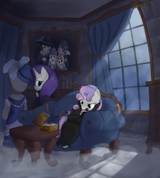 Size: 1056x1178 | Tagged: safe, artist:bakuel, derpibooru import, cookie crumbles, hondo flanks, rarity, sweetie belle, pony, unicorn, vampire, bipedal, book, box of chocolates, candy, clothes, cookieflanks, couch, crepuscular rays, drapes, dress, dresser, family photo, female, hat, immortality blues, interior, magic, mannequin, raribat, table, telekinesis