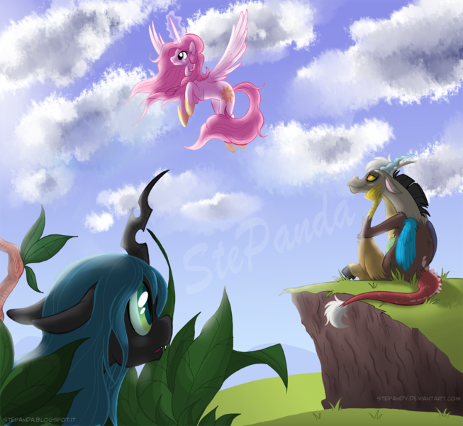 Size: 1200x1102 | Tagged: safe, artist:stepandy, derpibooru import, discord, princess celestia, queen chrysalis, changeling, changeling queen, discolis, dislestia, female, love triangle, male, scenery, shipping, straight