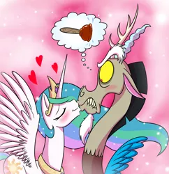 Size: 870x900 | Tagged: safe, artist:mickeymonster, derpibooru import, discord, princess celestia, blushing, dislestia, eyes closed, female, frown, glare, heart, kissing, lip bite, male, one sided shipping, plunger, shipping, smiling, sparkles, spread wings, starboarding, straight, thought bubble, unwanted kiss, wide eyes