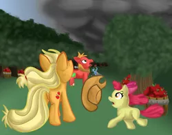 Size: 1400x1100 | Tagged: safe, artist:angelstar7, derpibooru import, apple bloom, applejack, big macintosh, earth pony, pony, male, stallion, storm