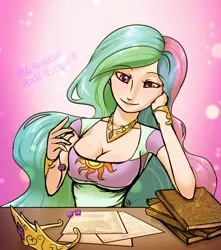 Size: 1024x1156 | Tagged: artist:eshianfulika, book, breasts, busty princess celestia, cleavage, derpibooru import, dice, dungeon master, dungeons and dragons, female, human, humanized, princess celestia, solo, solo female, suggestive