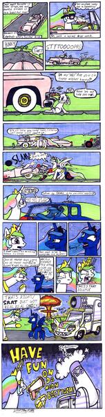 Size: 1312x5168 | Tagged: semi-grimdark, artist:sketchywolf-13, derpibooru import, princess celestia, princess luna, alicorn, pony, rabbit, animal, banana, bananalestia, blood, burp, cadillac, cannon, car, car crash, censored vulgarity, comic, convertible, death, drunk, eye twitch, female, fire, flying saucer, food, friendship is magic bitch, hot rod, male, mare, megaphone, mushroom cloud, silly luna, sunglasses, the honeymooners, to the moon, tyrant celestia, ufo