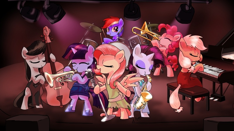 Size: 1280x720 | Tagged: safe, artist:alfa995, derpibooru import, applejack, fluttershy, octavia melody, pinkie pie, rainbow dash, rarity, twilight sparkle, earth pony, pegasus, pony, unicorn, band, bipedal, bow (instrument), cello, cello bow, clothes, concert, dress, drums, eyes closed, jazz, mane six, microphone, musical instrument, orchestra, piano, saxophone, trombone, trumpet