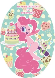 Size: 595x842 | Tagged: artist:yousukou, birthday, cake, cupcake, cute, derpibooru import, diapinkes, duo, food, gummy, happy, no catchlights, one eye closed, pinkie pie, pixiv, safe, wink