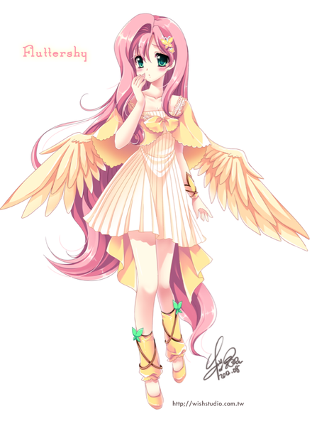 Size: 614x838 | Tagged: anime, artist:sakuranoruu, breasts, clothes, cute, delicious flat chest, derpibooru import, dress, flattershy, fluttershy, human, humanized, safe, shyabetes, skinny, solo, tailed humanization, winged humanization