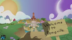 Size: 1920x1080 | Tagged: artist:tealdragon44, crescent moon, derpibooru import, moon, no pony, offscreen character, ponyville, ponyville town hall, road sign, safe, shadow, split sky, sun