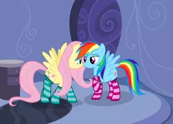 Size: 3000x2164 | Tagged: safe, artist:alexiy777, derpibooru import, fluttershy, rainbow dash, clothes, female, flutterdash, high res, lesbian, shipping, socks, striped socks