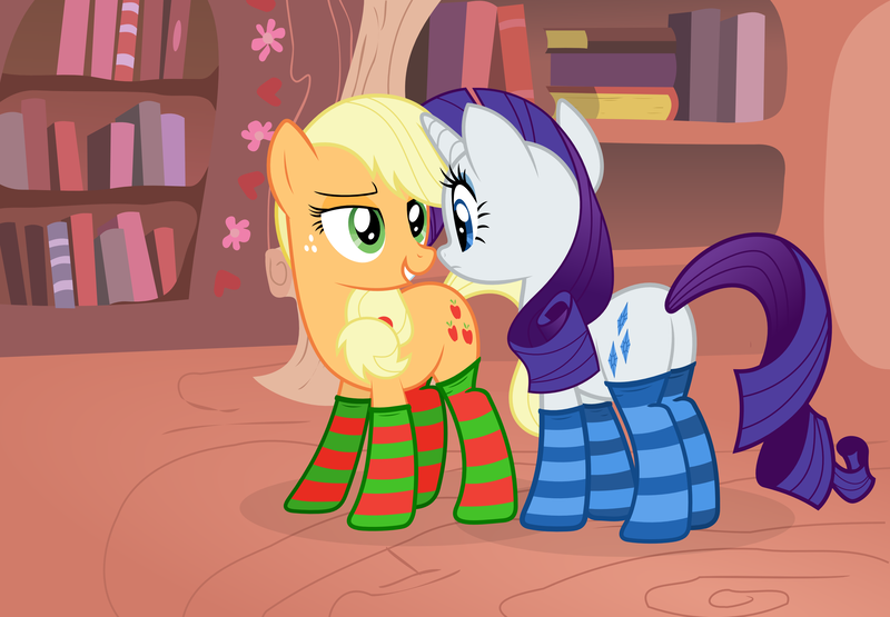 Size: 3000x2080 | Tagged: safe, artist:alexiy777, derpibooru import, applejack, rarity, pony, clothes, female, high res, lesbian, rarijack, shipping, socks, striped socks