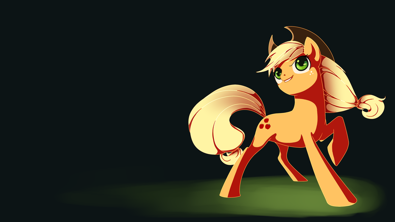 Size: 3000x1687 | Tagged: safe, artist:mythologica, derpibooru import, applejack, earth pony, pony, black background, female, looking up, mare, raised hoof, simple background, solo