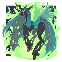 Size: 1000x1000 | Tagged: artist:dobroch, changeling, changeling queen, derpibooru import, fangs, female, fire, flying, glowing horn, looking at you, open mouth, pixiv, queen chrysalis, safe, smiling, solo, wings