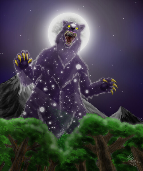 Size: 1700x2028 | Tagged: artifact, artist:virus-91, derpibooru import, forest, moon, mountain, open mouth, safe, solo, ursa major, worm's eye view