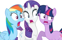 Size: 900x586 | Tagged: safe, artist:bl1ghtmare, derpibooru import, rainbow dash, rarity, twilight sparkle, pegasus, pony, unicorn, dragon quest, bangs, hair over eyes, open mouth, raised hoof, reaction image, shocked, simple background, transparent background, trio, unicorn twilight, uvula, vector, wide eyes