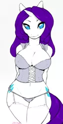 Size: 514x1010 | Tagged: anthro, arm behind back, artist:niisbbb, belly button, both cutie marks, breasts, busty rarity, clothes, curvy, dead source, derpibooru import, female, lingerie, midriff, panties, rarity, simple background, suggestive, underwear, white background
