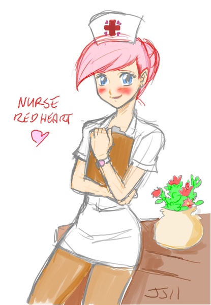Size: 885x1280 | Tagged: adoredheart, artist:johnjoseco, artist:redge, blushing, clothes, colored, color edit, derpibooru import, edit, heart, human, humanized, nurse redheart, pantyhose, safe, solo
