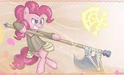 Size: 2000x1208 | Tagged: safe, artist:speccysy, derpibooru import, pinkie pie, pony, axe, bipedal, crossover, solo, tera