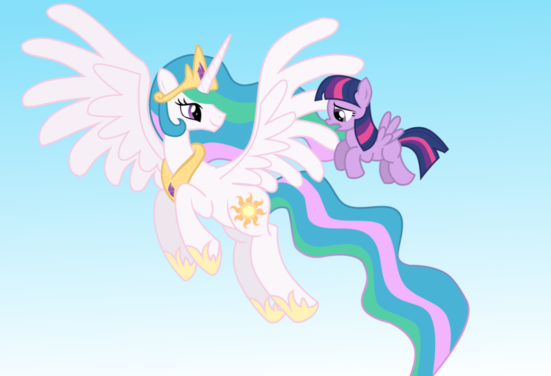 Size: 900x615 | Tagged: safe, artist:willowtails, derpibooru import, princess celestia, twilight sparkle, alicorn, pegasus, pony, blank flank, duo, ethereal mane, female, filly, filly twilight sparkle, flying, mare, pegasus twilight sparkle, race swap, younger