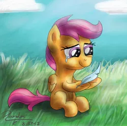 Size: 600x596 | Tagged: artist:xanderreh, crying, derpibooru import, feather, safe, scootaloo