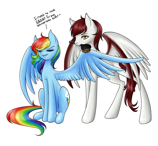 Size: 6000x5536 | Tagged: safe, artist:magicarin, derpibooru import, rainbow dash, oc, oc:forest feather, pegasus, pony, absurd resolution, brush, brushie, brushie brushie, commission, eyes closed, female, mare, mouth hold