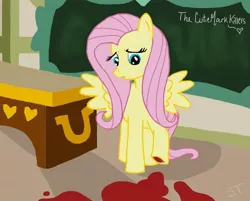 Size: 745x600 | Tagged: semi-grimdark, artist:ozhalagontor, derpibooru import, fluttershy, pegasus, pony, blood, female, mare, solo