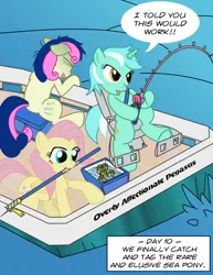 Size: 618x800 | Tagged: artist:capnchryssalid, boat, bon bon, derpibooru import, fishing, fluttershy, lyra heartstrings, safe, sea sick, sea sickness, sweetie drops