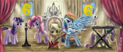 Size: 3920x1680 | Tagged: angel bunny, applejack, artist:1vladislav, derpibooru import, drums, electric guitar, fluttershy, guitar, keyboard, microphone, musical instrument, pinkie pie, rainbow dash, safe, spike, twilight sparkle