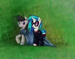 Size: 900x718 | Tagged: artist:hewison, clothes, derpibooru import, dress, octavia melody, safe, suit, vinyl scratch