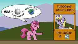 Size: 2228x1247 | Tagged: and that's how equestria was made, artist:gogglesparks, dark matter, derpibooru import, dinky hooves, lucy's advice booth, peanuts, ruby pinch, safe