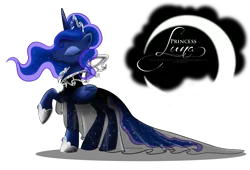 Size: 1700x1158 | Tagged: artist:tiffanymarsou, clothes, derpibooru import, dress, eyes closed, princess luna, raised hoof, safe, solo