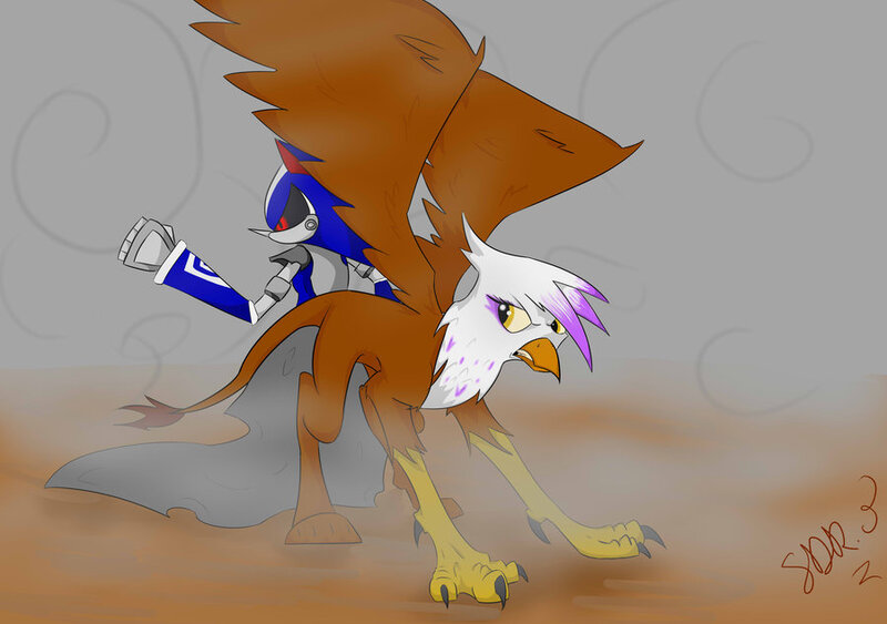 Size: 900x633 | Tagged: dead source, safe, artist:natiadwolf, derpibooru import, gilda, gryphon, crossover, neo metal sonic, sonic the hedgehog (series)