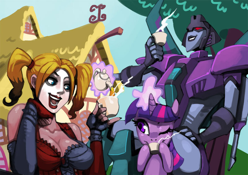 Size: 877x620 | Tagged: safe, artist:bittenhard, derpibooru import, twilight sparkle, human, pony, batman, crossover, drinking, grin, harley quinn, magic, reference, slipstream (transformers), smiling, tara strong, tea, teacup, transformers, voice actor joke, wink