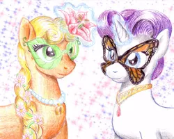 Size: 1000x800 | Tagged: safe, artist:muffinshire, derpibooru import, applejack, masquerade, rarity, female, flower, lesbian, mask, rarijack, shipping