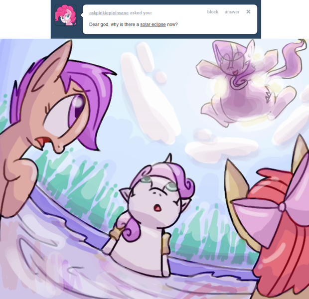 Size: 956x925 | Tagged: apple bloom, artist:secretgoombaman12345, ask, ask chubby diamond, derpibooru import, diamond tiara, fat, safe, scootaloo, sweetie belle, swimming, tumblr, water