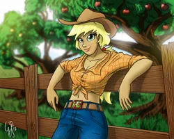 Size: 1280x1024 | Tagged: applejack, artist:glancojusticar, belly button, belt, breasts, cleavage, clothes, derpibooru import, edit, female, fence, human, humanized, midriff, pants, safe, solo