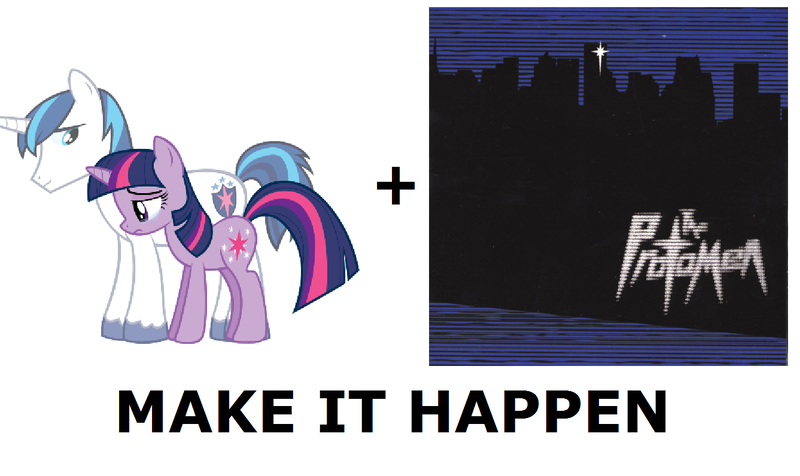 Size: 1337x796 | Tagged: all caps, artist:fureox, derpibooru import, exploitable meme, make it happen, meme, meta, safe, shining armor, the protomen, twilight sparkle