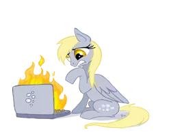 Size: 878x677 | Tagged: safe, artist:gingerfoxy, derpibooru import, derpy hooves, pegasus, pony, computer, derpy hooves tech support, female, fire, laptop computer, mare, solo