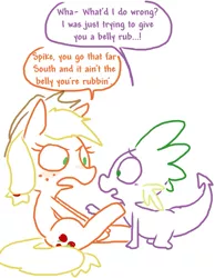 Size: 501x647 | Tagged: suggestive, artist:the weaver, derpibooru import, applejack, spike, accidental sex, accidental stimulation, applespike, bellyrubs, blushing, female, image, implied crotchboobs, implied sex, implied vagina, male, png, sex, shipping, simple background, straight, white background