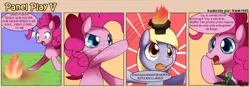 Size: 1400x489 | Tagged: safe, artist:solar-slash, derpibooru import, derpy hooves, pinkie pie, pegasus, pony, comic, female, fire, mare, muffin, panel play, spanish, translation