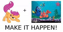 Size: 1120x580 | Tagged: all caps, derpibooru import, exploitable meme, finding nemo, make it happen, meme, meta, safe, scootaloo, scootaloo can't fly