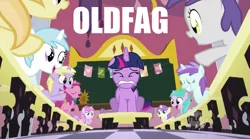 Size: 851x473 | Tagged: safe, derpibooru import, screencap, ruby pinch, twilight sparkle, alicorn, pony, unicorn, 4chan, all new, image macro, magic kindergarten, spot the alicorn, text, unicorn twilight