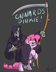 Size: 1000x1274 | Tagged: safe, artist:atryl, derpibooru import, pinkie pie, earth pony, pony, binky, bridle, crossover, discworld, duo, gray background, grim reaper, rearing, riding, scythe, simple background