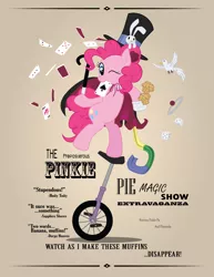 Size: 5100x6600 | Tagged: absurd resolution, artist:surgicalarts, bird, card, derpibooru import, hat, magician, magic trick, magic wand, muffin, pinkie pie, poster, rabbit, safe, top hat, unicycle