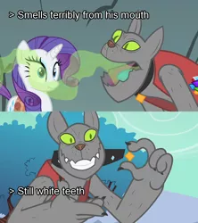 Size: 1280x1440 | Tagged: a dog and pony show, bad breath, breath, comic, derpibooru import, diamond dog, edit, edited screencap, meta, rarity, rover, safe, screencap, screencap comic, smelly, teeth