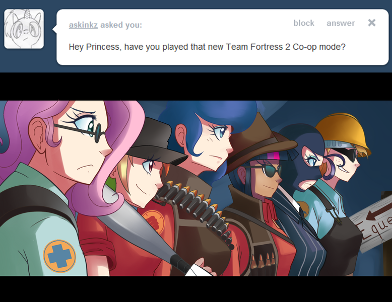 Size: 1215x937 | Tagged: applejack, artist:sallymon, ask gamer luna, derpibooru import, engineer, fluttershy, heavy, heavy weapons guy, humanized, mann vs machine, medic, princess luna, rainbow dash, rarity, safe, scout, sniper, spy, team fortress 2, twilight sparkle