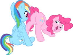 Size: 900x677 | Tagged: artist:megasweet, derpibooru import, female, happy, lesbian, pinkiedash, pinkie pie, plot, presenting, rainbow dash, shipping, show accurate, simple background, suggestive, transparent background, vector
