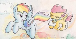 Size: 1149x589 | Tagged: artist:slightlyshade, cloud, cloudy, derpibooru import, rainbow dash, safe, scootaloo, scootaloo can't fly, scootalove, tail bite, traditional art