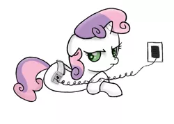 Size: 753x539 | Tagged: safe, artist:dawn-sparkle06, derpibooru import, sweetie belle, pony, robot, unicorn, female, filly, floppy ears, foal, hooves, horn, lying down, recharging, simple background, solo, sweetie bot, white background