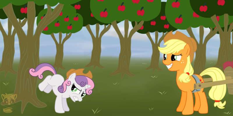 Size: 1280x640 | Tagged: applebucking, applejack, artist:timidusartifex, derpibooru import, hat, safe, sweetie belle